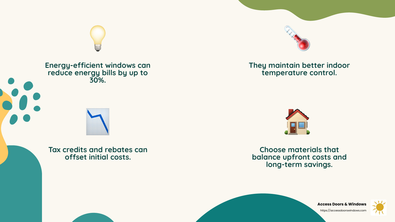 Energy-efficient windows significantly reduce energy bills over time. - best window installation companies near me infographic 4_facts_emoji_nature