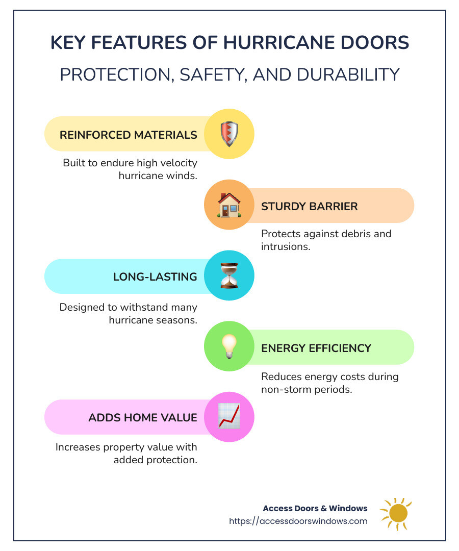 Key features of hurricane doors: protection, safety, and durability - hurricane door infographic infographic-line-5-steps-colors