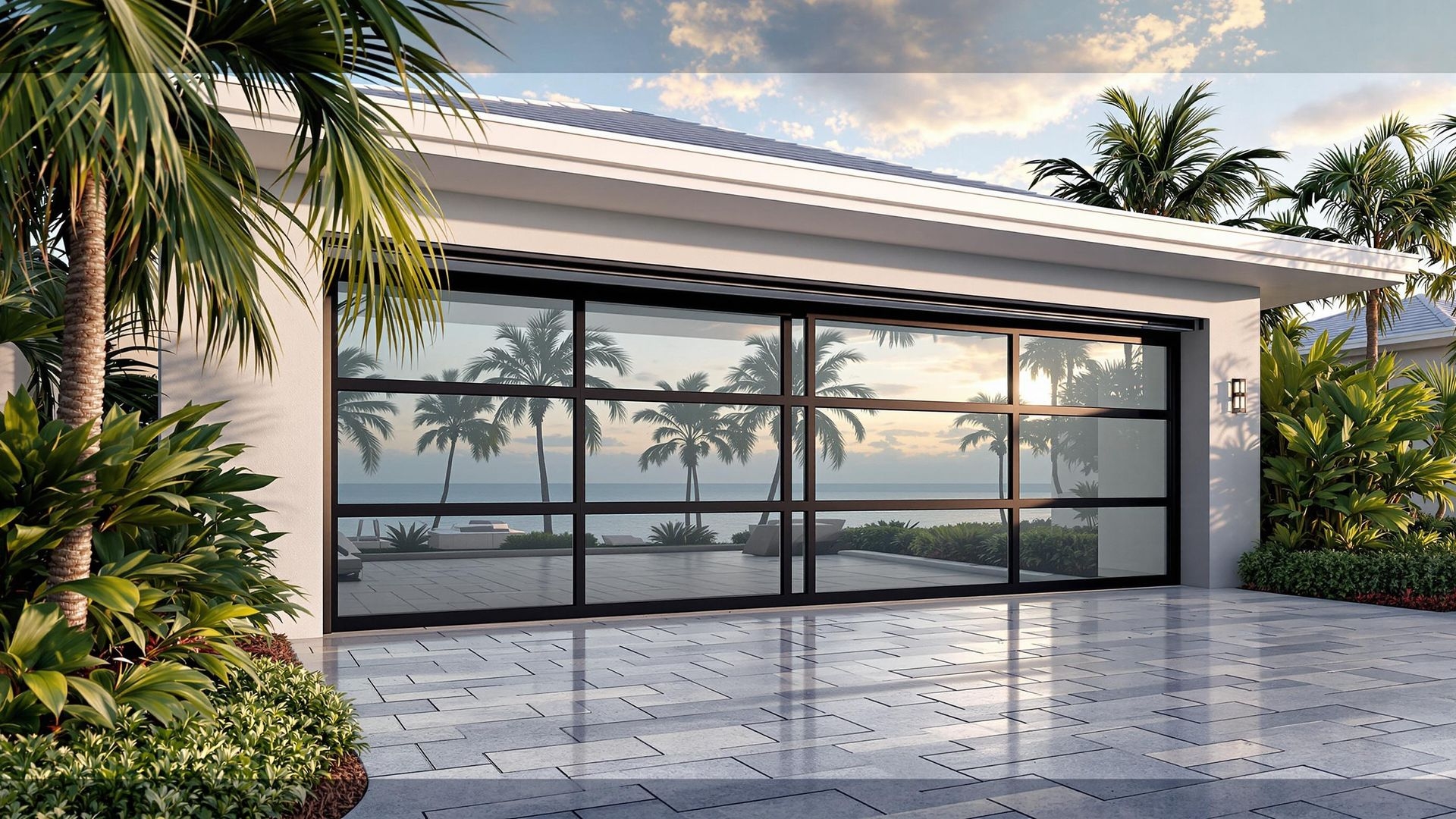 Modern hurricane impact-rated glass garage door installed by Access Doors & Windows