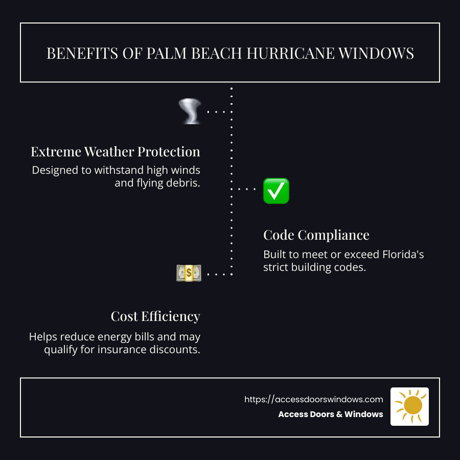 Infographic: Benefits of Palm Beach Hurricane Windows - listing protection, compliance, cost efficiency - palm beach hurricane windows infographic infographic-line-3-steps-dark