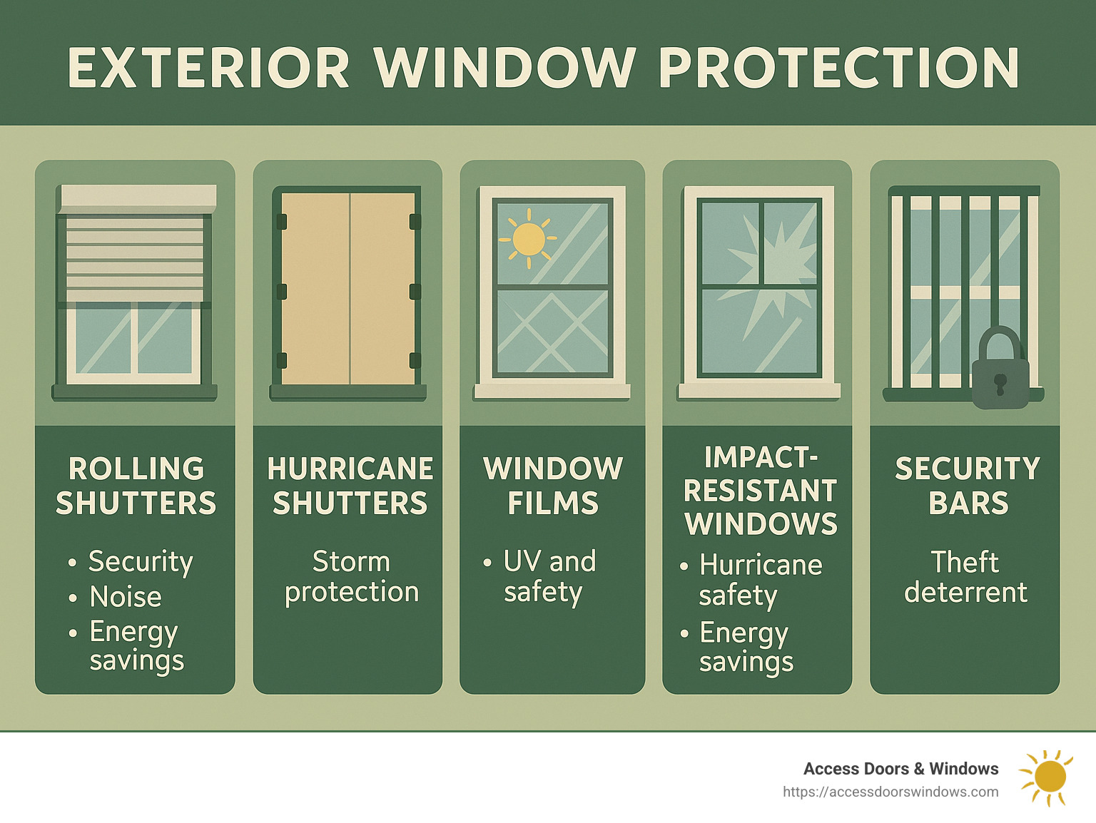 Infographic showing exterior window protection options: rolling shutters (security, noise, energy savings), hurricane shutters (storm protection), window films (UV and safety), impact-resistant windows (hurricane safety, energy savings), security bars (theft deterrent) - exterior window protection infographic 