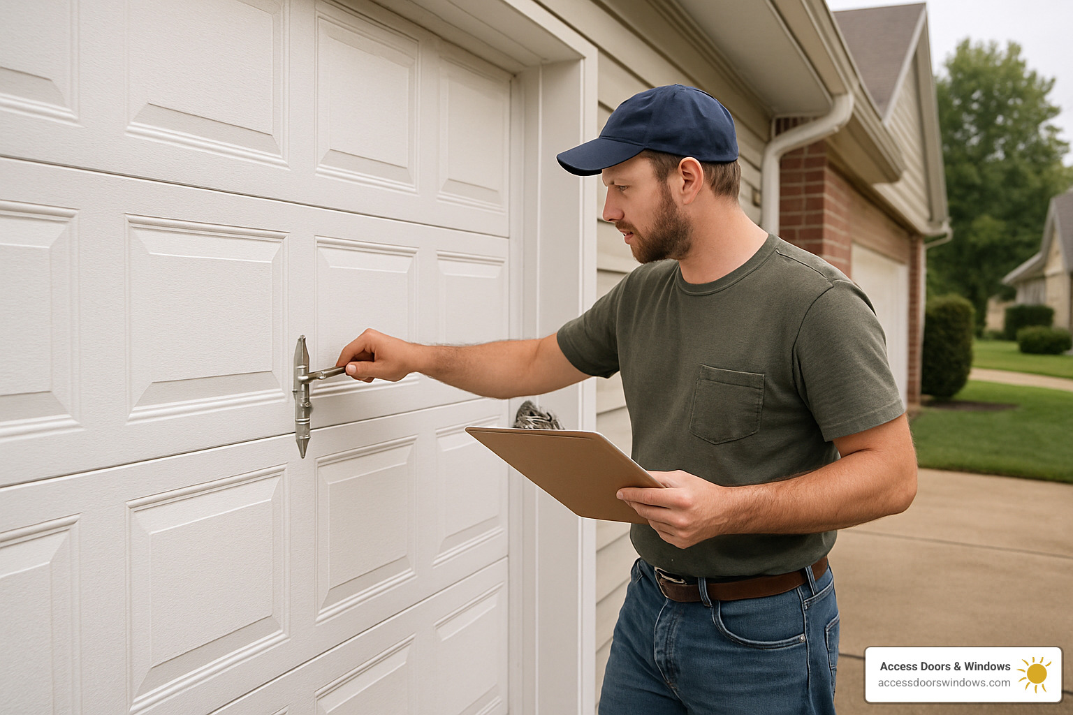 Homeowner performing pre-storm garage door maintenance checklist - garage door hurricane protection
