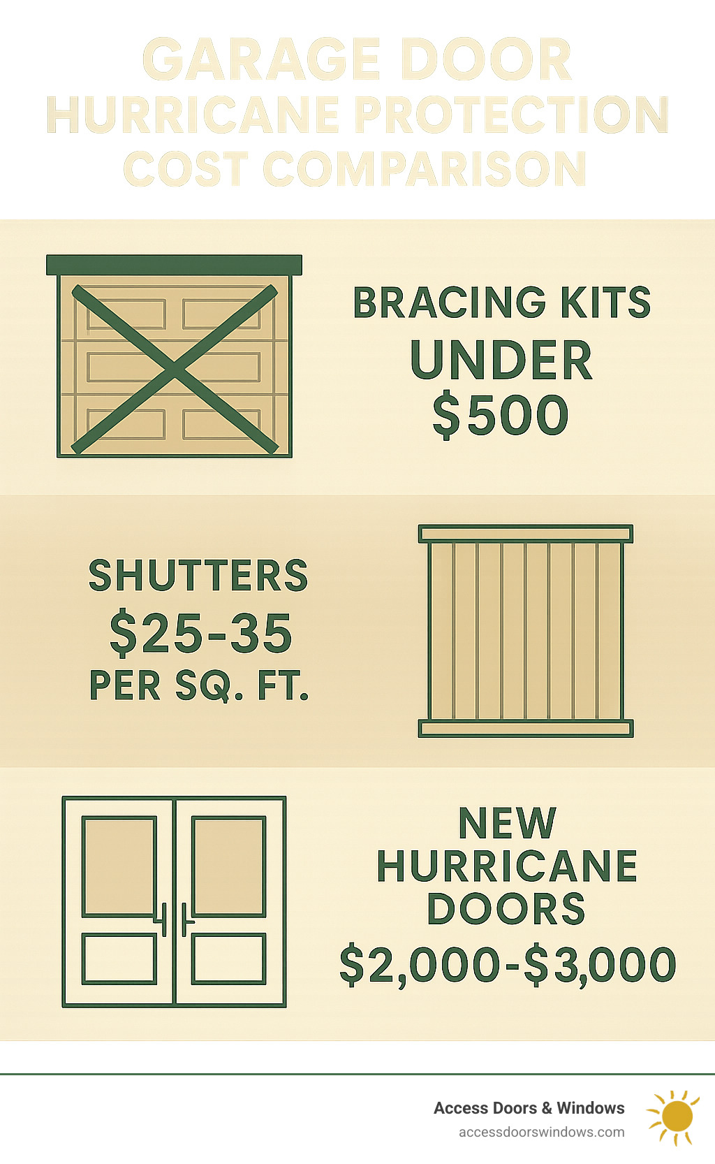Cost comparison infographic showing bracing kits under $500, shutters at $25-35 per square foot, and new hurricane doors at $2,000-$3,000 - garage door hurricane protection infographic 