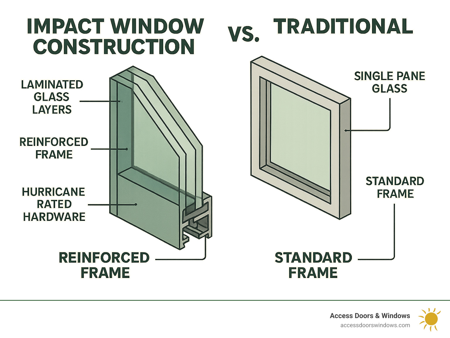 Impact window construction showing laminated glass layers, reinforced frames, and hurricane-rated hardware compared to traditional single-pane windows - impact windows palm beach gardens infographic 