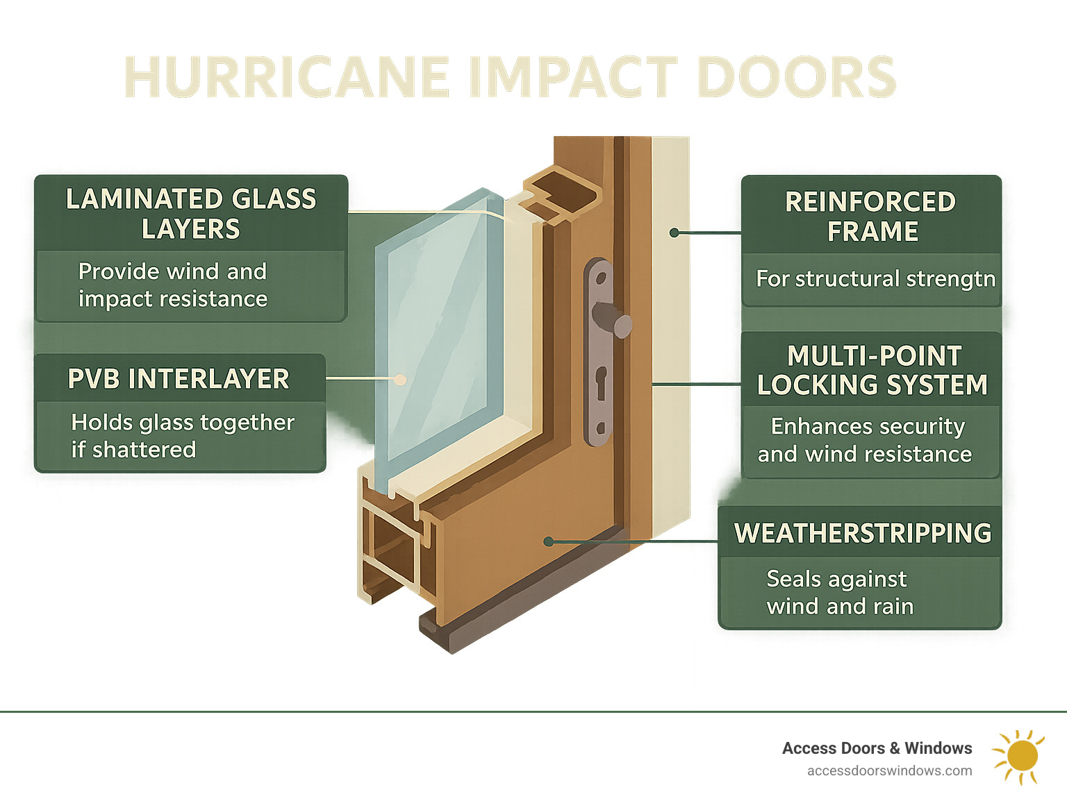 Detailed cross-section of hurricane impact door showing laminated glass layers with PVB interlayer, reinforced frame construction, multi-point locking system, and weatherstripping. Labels point to each component with brief descriptions of how they contribute to wind and impact resistance. - hurricane impact doors infographic 