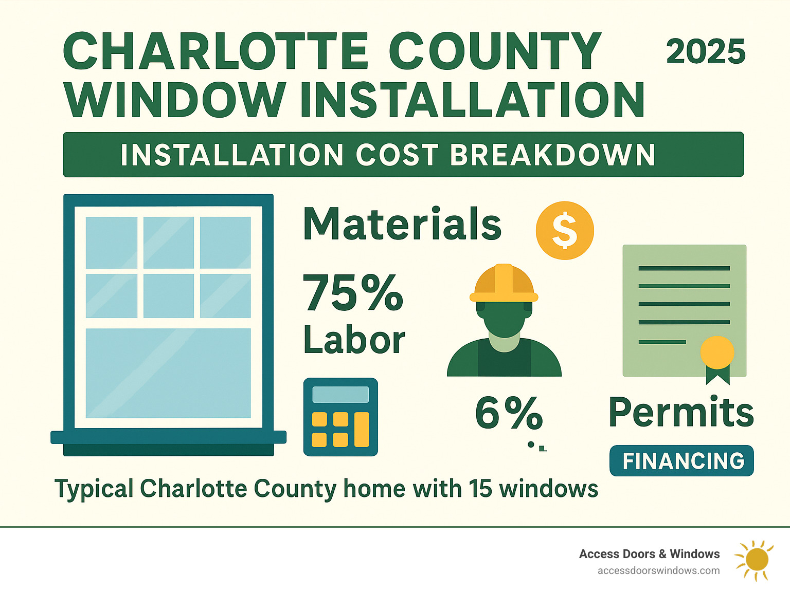 Window installation cost breakdown showing materials, labor, permits, and financing options for typical Charlotte County home with 15 windows - Charlotte County window installation infographic 