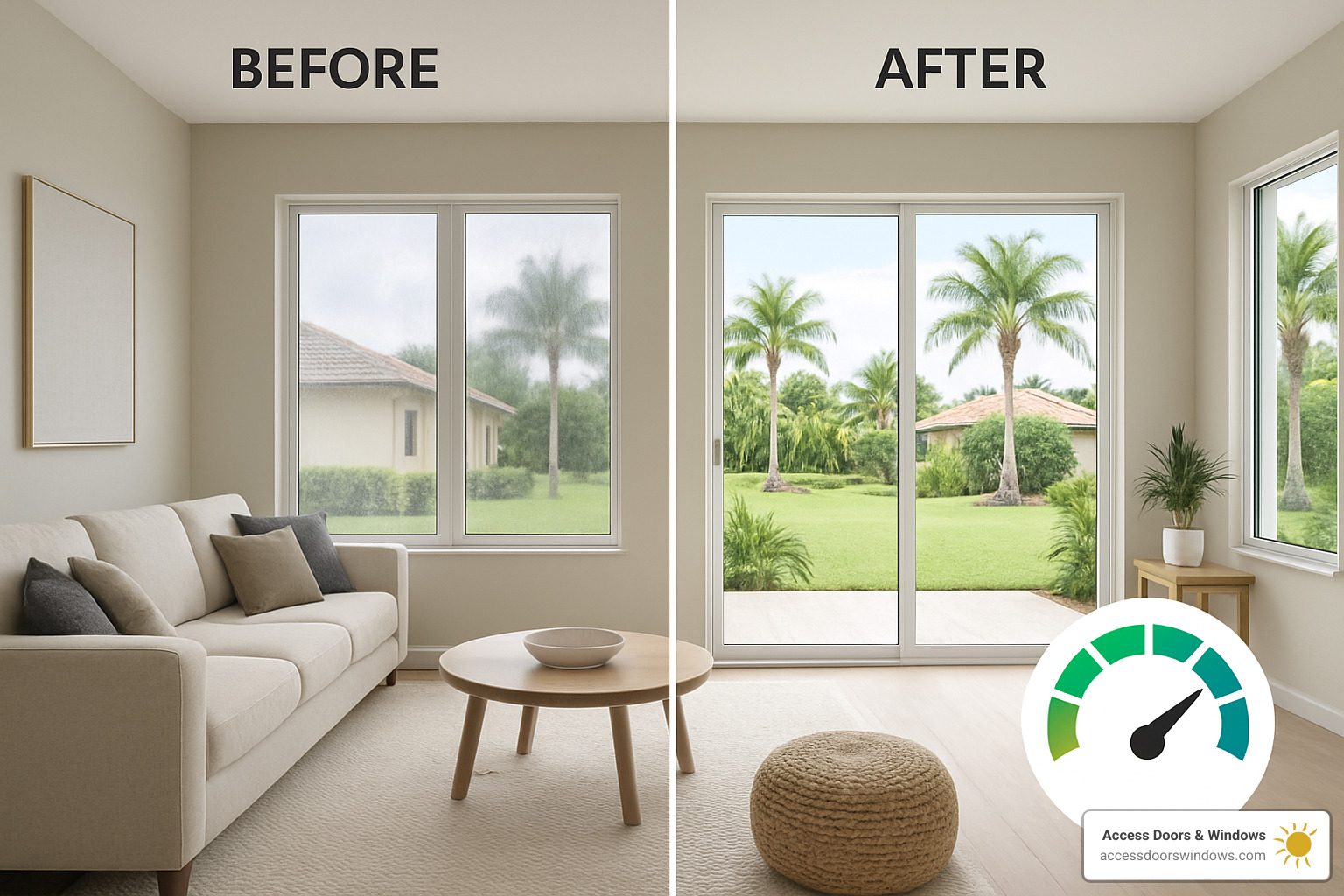 Modern impact windows installed in Charlotte County home showing before and after energy efficiency improvements - Charlotte County window installation