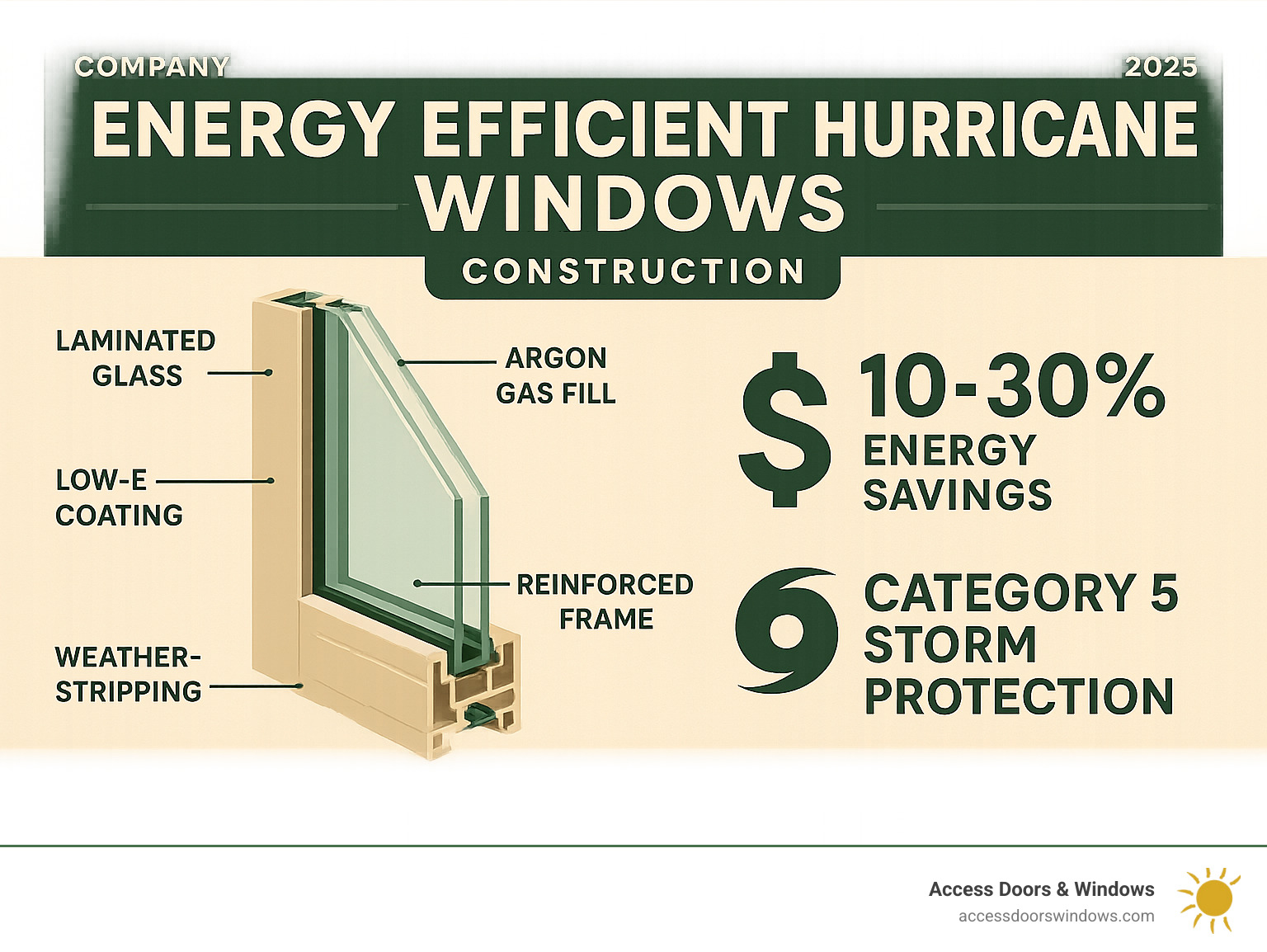 Detailed cross-section infographic showing energy efficient hurricane window construction with laminated glass layers, Low-E coating, argon gas fill, reinforced frame, and weatherstripping, alongside energy savings percentages and storm protection ratings - energy efficient hurricane windows infographic 