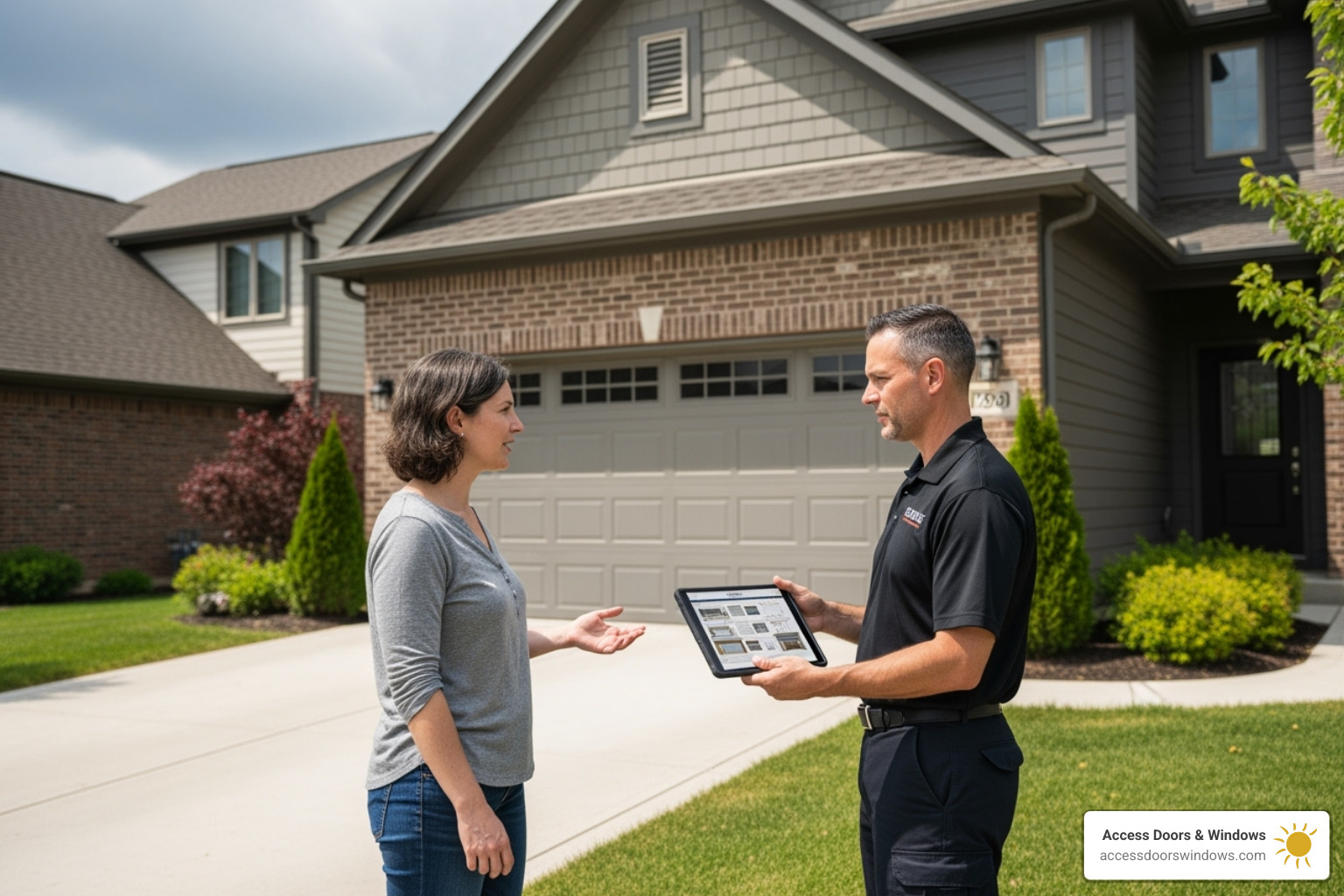 Homeowner receiving a quote for a new garage door - how much does a hurricane-rated garage door cost