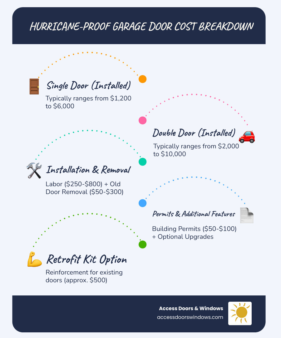 Comprehensive breakdown of hurricane-rated garage door costs including door materials, installation labor, permits, and additional features with average price ranges for single and double doors - how much does a hurricane-rated garage door cost infographic infographic-line-5-steps-blues-accent_colors
