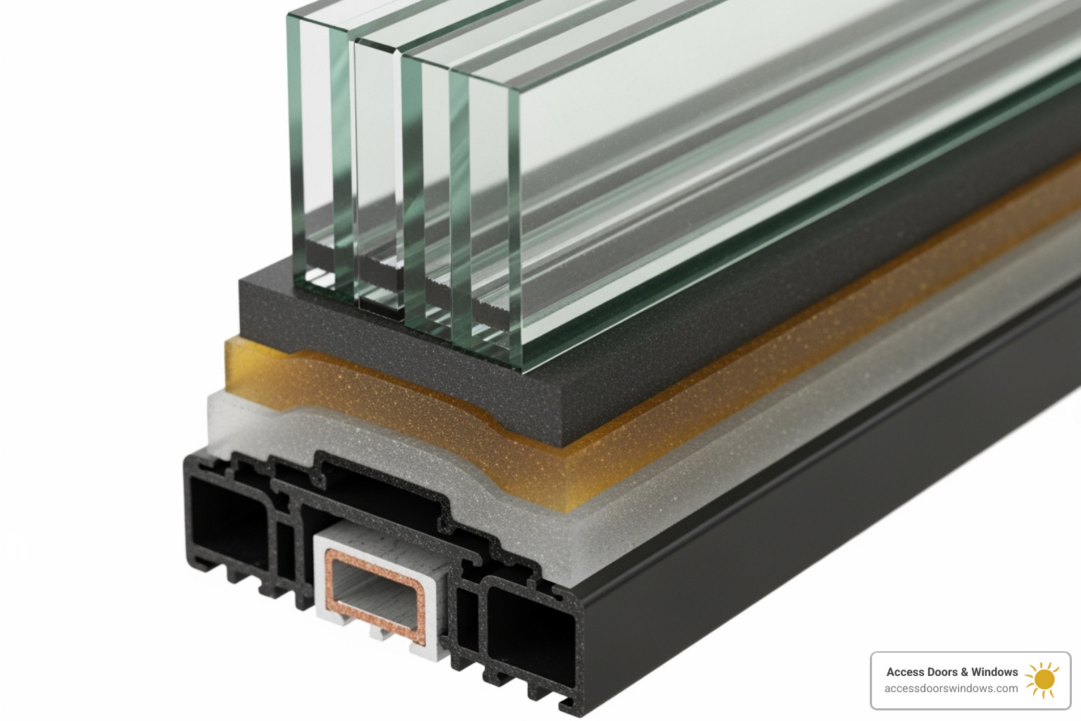 Cross-section of a multi-layered impact-resistant window pane showing the laminated glass construction - hurricane window installation cost