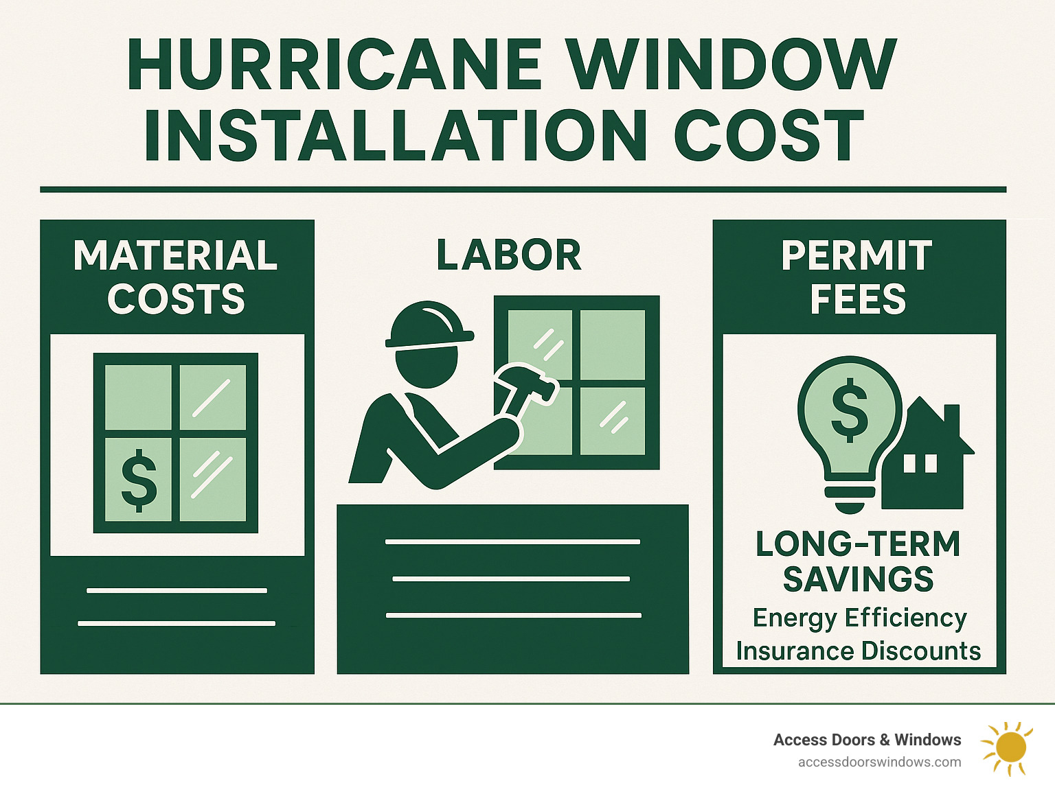 Comprehensive breakdown of hurricane window installation costs showing material costs, labor expenses, permit fees, and long-term savings from energy efficiency and insurance discounts - hurricane window installation cost infographic 