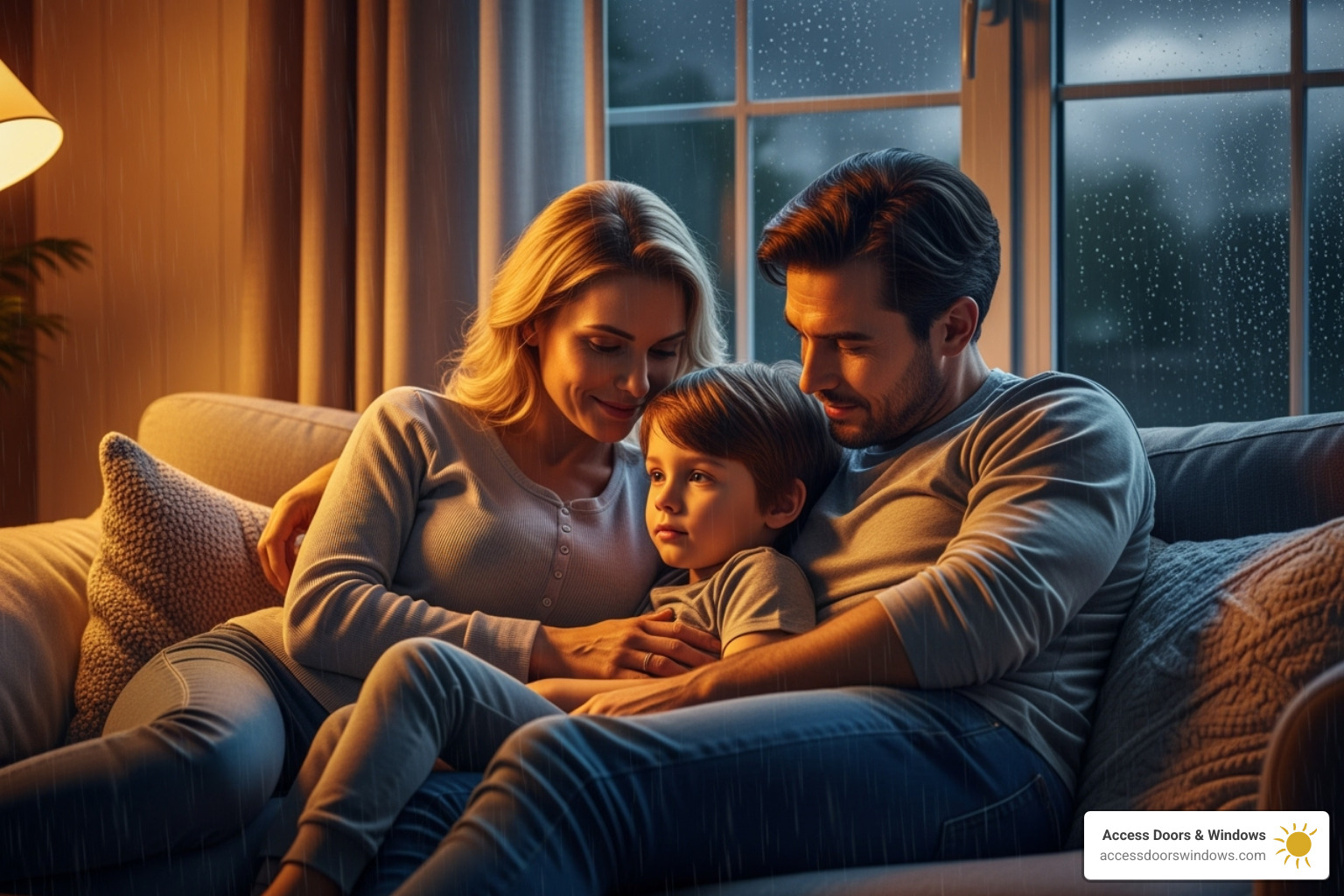 Family looking safe and comfortable inside their home during a storm - hurricane window installation cost