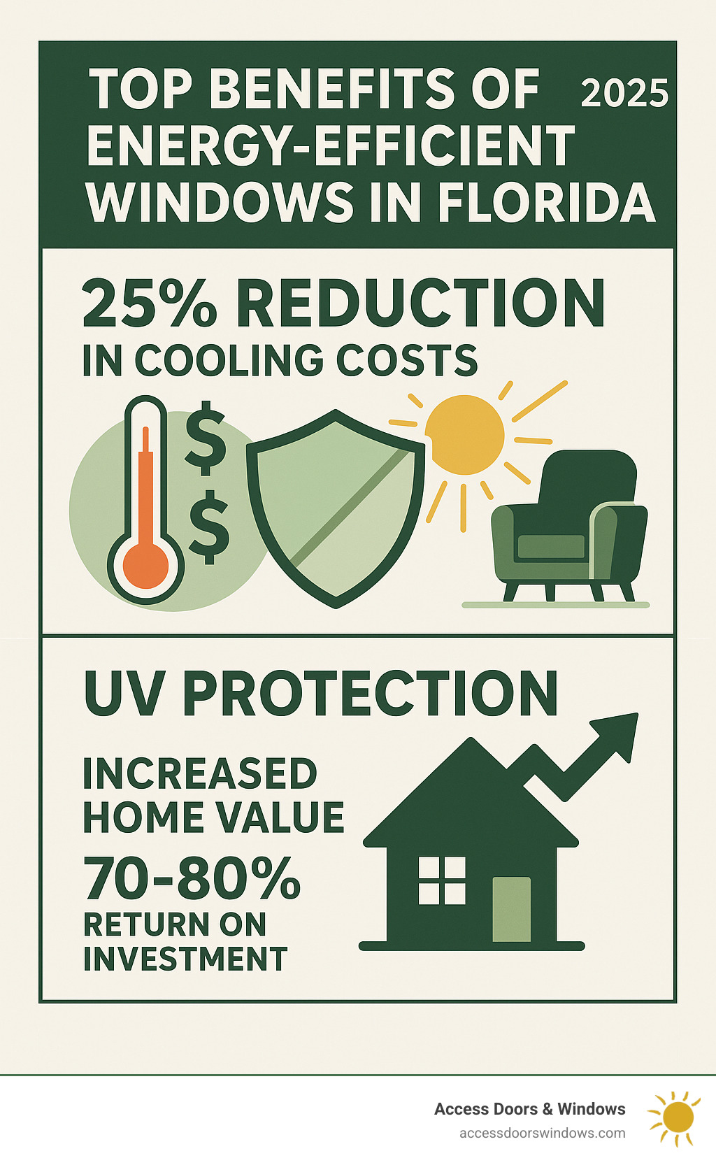 Infographic showing the top 3 benefits of energy-efficient windows in Florida: 25% reduction in cooling costs with dollar signs and thermometer, UV protection shield blocking sun rays from furniture, and house with upward trending arrow indicating increased home value of 70-80% return on investment - Florida energy-efficient windows infographic 