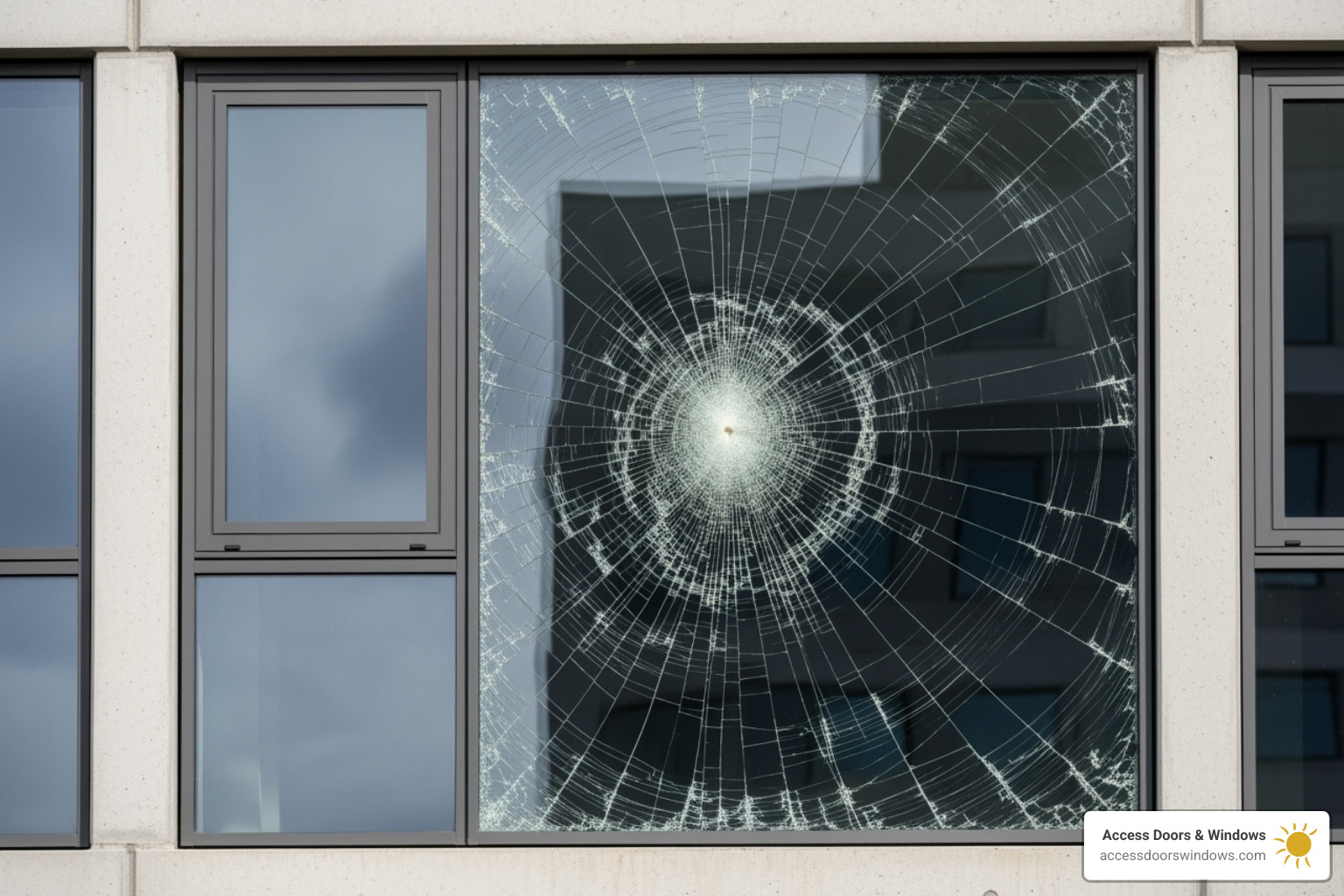 impact window that has withstood a missile test, cracked but intact - Florida impact-resistant windows