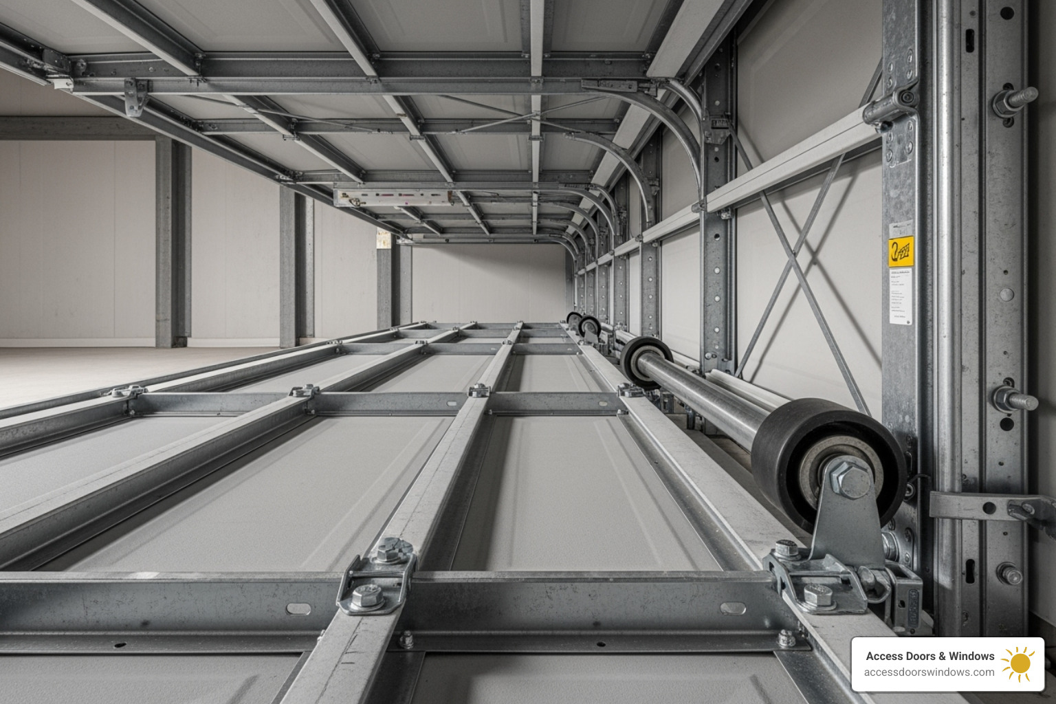 Inside of a hurricane-rated garage door, highlighting the horizontal reinforcement struts and heavy-duty track - how to tell if garage door is hurricane rated Inside of a hurricane-rated garage door, highlighting the horizontal reinforcement struts and heavy-duty track - how to tell if garage door is hurricane rated