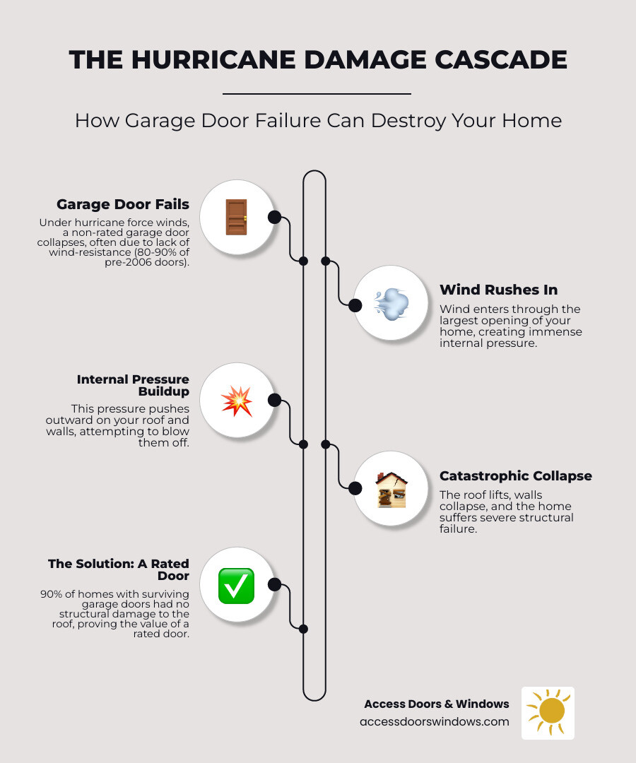 Infographic showing how garage door failure creates internal pressure leading to roof blowout and wall collapse, with statistics on damage rates and the cascade effect of compromised garage doors during hurricanes - how to tell if garage door is hurricane rated infographic infographic-line-5-steps-neat_beige Infographic showing how garage door failure creates internal pressure leading to roof blowout and wall collapse, with statistics on damage rates and the cascade effect of compromised garage doors during hurricanes - how to tell if garage door is hurricane rated infographic infographic-line-5-steps-neat_beige