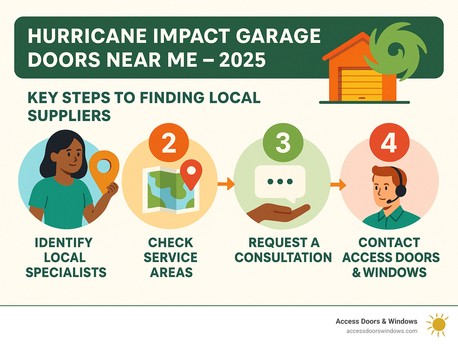 Infographic showing key steps to finding local hurricane impact garage door suppliers, including contacting Access Impact for consultation and installation. - hurricane impact garage doors near me infographic 