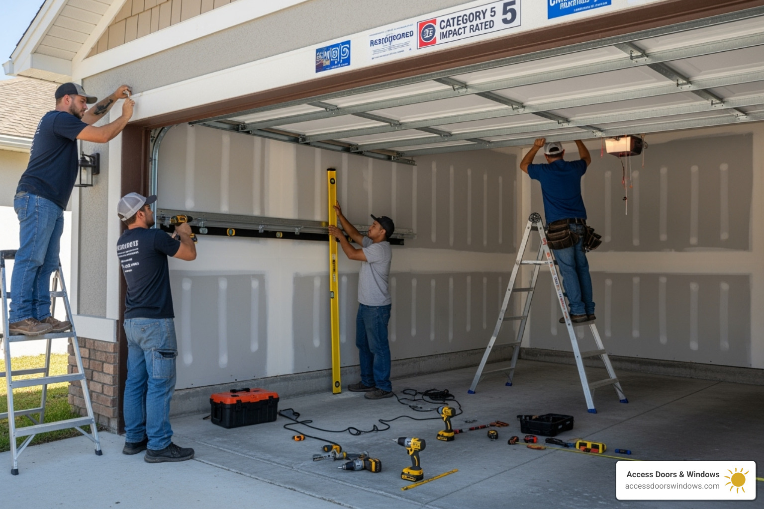 professional installation team securing a new impact garage door - hurricane impact garage doors near me