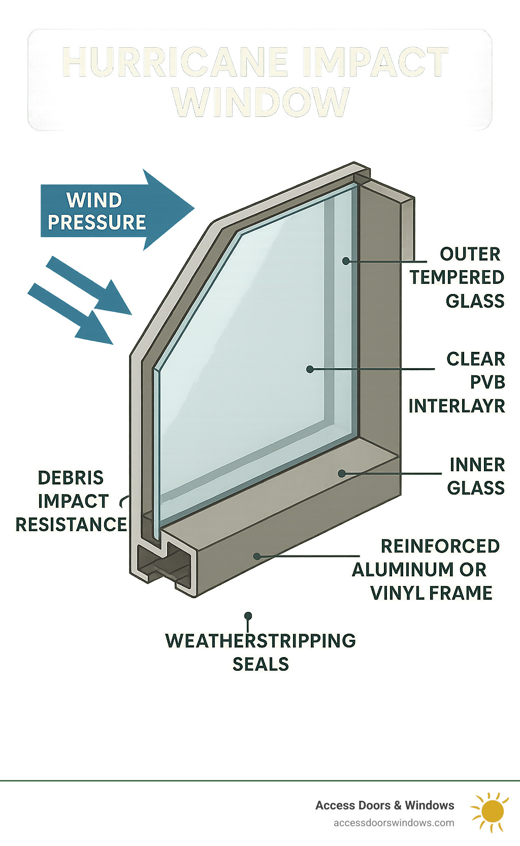 Detailed cross-section infographic showing the multi-layer construction of a hurricane impact window, including the outer tempered glass layer, clear PVB interlayer that holds glass fragments together when broken, inner glass layer, reinforced aluminum or vinyl frame, and weatherstripping seals, with arrows indicating wind pressure and debris impact resistance - Hurricane impact windows Florida infographic 