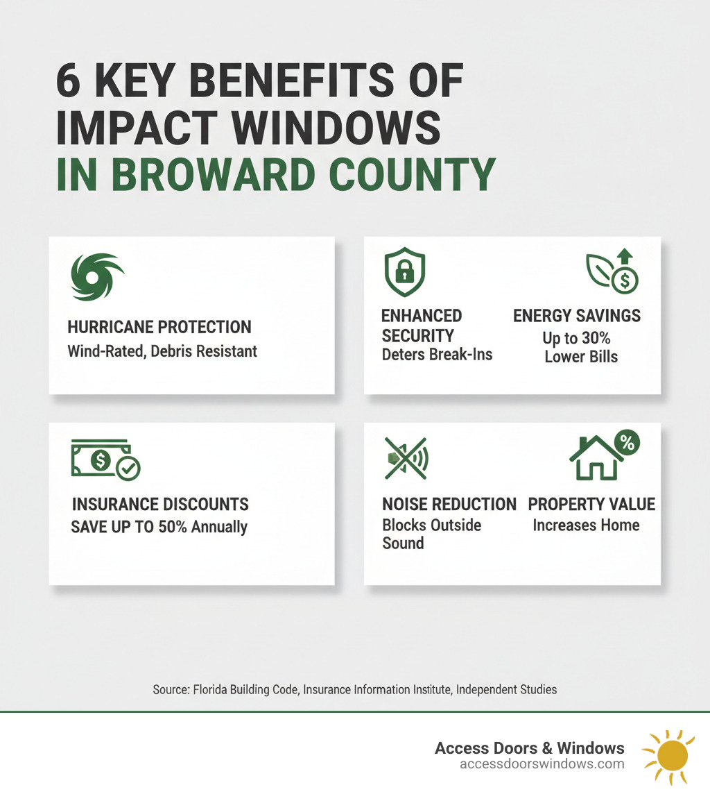 infographic showing the six key benefits of impact windows in Broward County: hurricane protection with wind ratings and debris resistance, security features that deter break-ins, energy savings percentages and lower utility bills,, noise reduction capabilities measured in decibels, and increased property value percentages for homes with impact windows - broward county impact windows infographic 