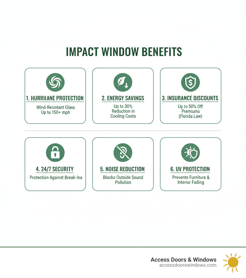 Infographic showing six key benefits of impact windows: 1. Hurricane protection with wind-resistant glass up to 150+ mph, 2. Energy savings up to 30% reduction in cooling costs, 3., 4. 24/7 security protection against break-ins, 5. Noise reduction blocking outside sound pollution, 6. UV protection preventing furniture and interior fading - impact window installation in broward county infographic 