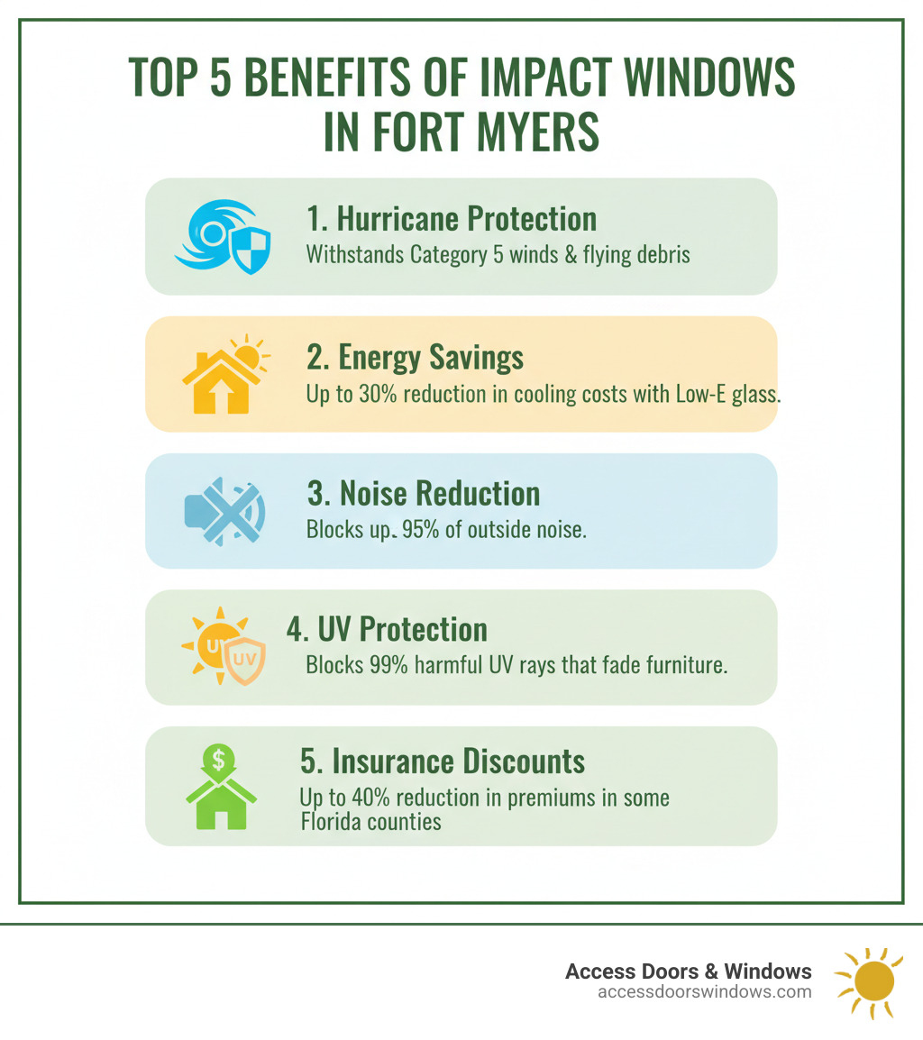 Infographic showing the top 5 benefits of impact windows in Fort Myers: 1. Hurricane Protection - withstands Category 5 winds and flying debris, 2. Energy Savings - up to 30% reduction in cooling costs with Low-E glass, 3. Noise Reduction - blocks up to 95% of outside noise, 4. UV Protection - blocks 99% of harmful UV rays that fade furniture, 5.