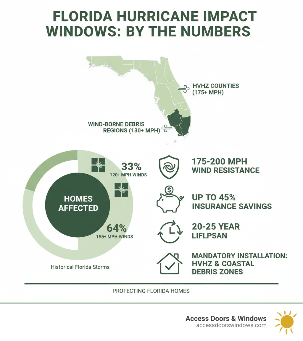 Infographic showing Florida hurricane zones with wind speed requirements, percentage of homes affected by hurricanes in different wind speeds, and key statistics: 175-200 mph wind resistance,, 20-25 year lifespan, and mandatory installation areas including HVHZ counties and coastal wind-borne debris regions - Florida hurricane impact windows infographic 