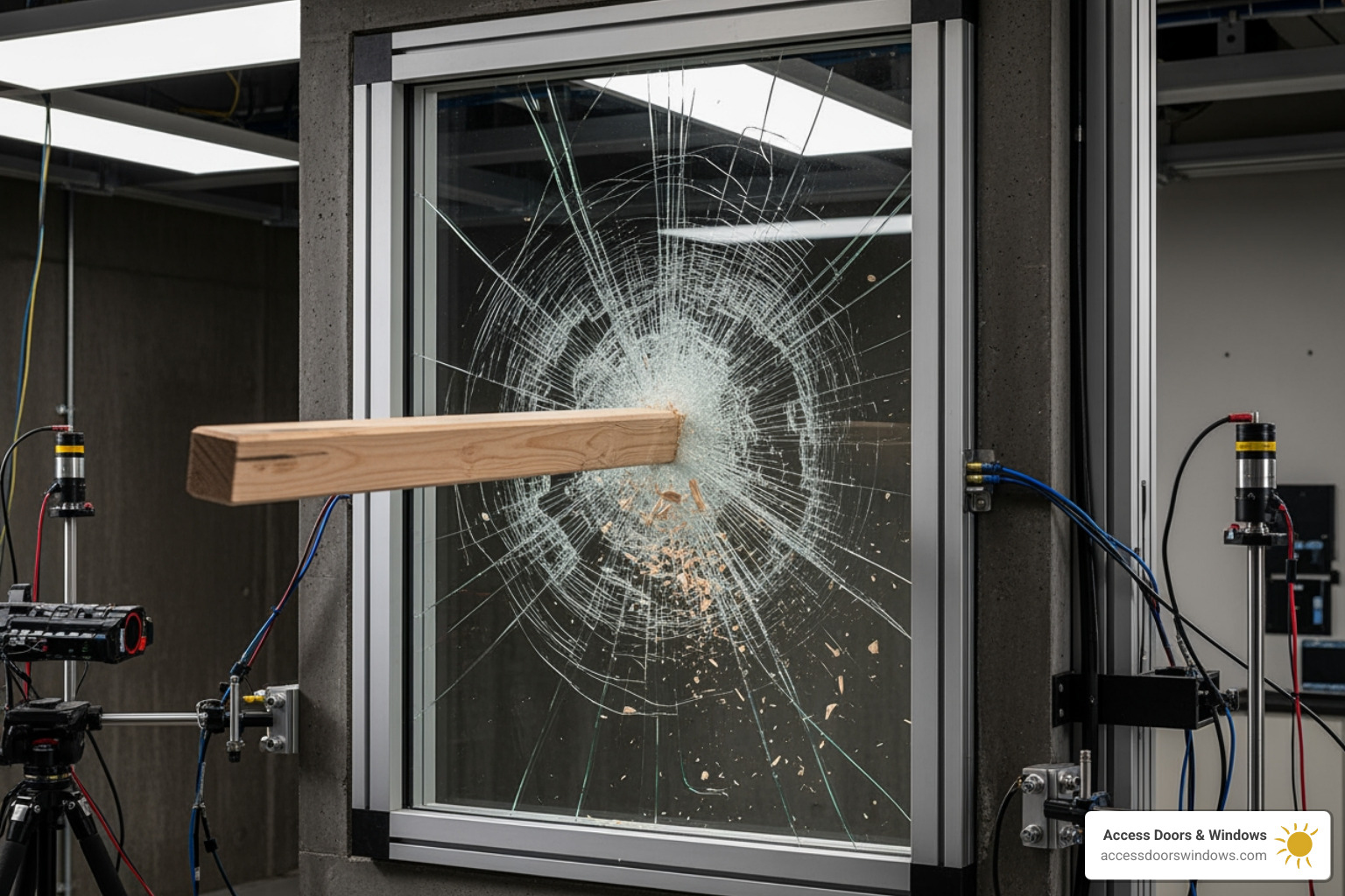 Illustration of the large missile impact test on a window - Florida hurricane impact windows