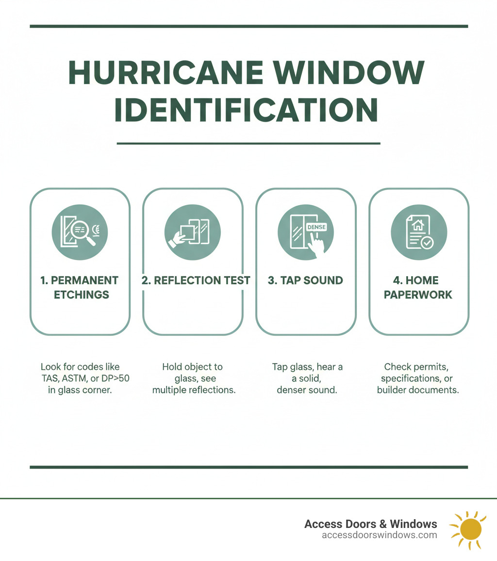 Infographic showing four methods to identify hurricane impact windows: 1) Look for permanent labels or etchings in glass corners with certification codes, 2) Perform reflection test by holding object to glass to see multiple reflections, 3) Tap glass to hear denser sound of laminated layers, 4) Check home paperwork for window specifications and permits - how do i know if my windows are hurricane-rated infographic 