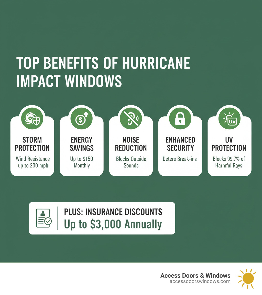 infographic showing the top 5 benefits of hurricane impact windows: storm protection with wind resistance up to 200 mph, energy savings of up to $150 monthly, noise reduction blocking outside sounds, enhanced security deterring break-ins, and UV protection blocking 99.7% of harmful rays, plus insurance discounts up to $3,000 annually - hurricane impact windows infographic 