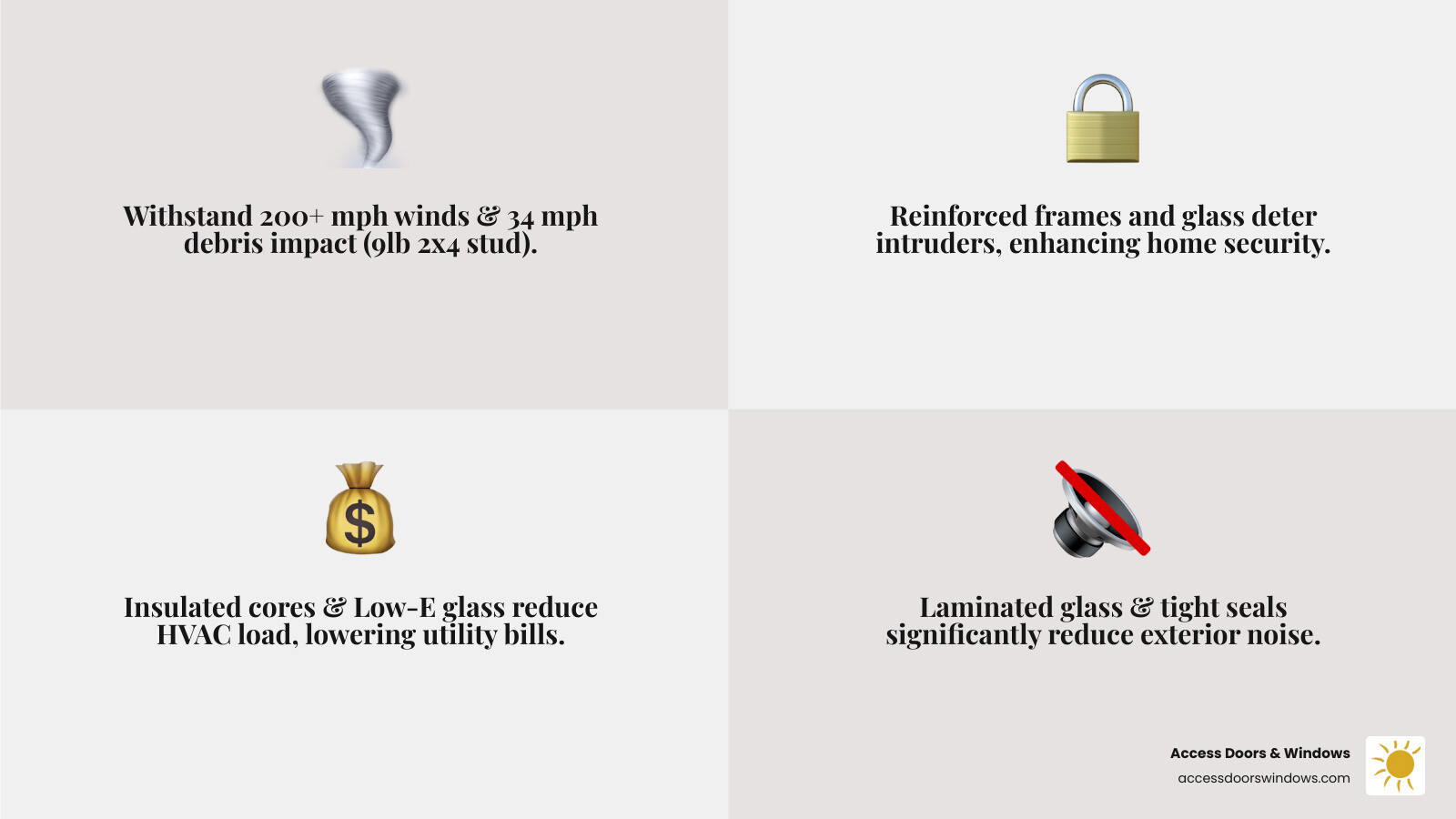 Infographic showing the top 4 benefits of impact doors: Hurricane Protection with wind and debris icons, Intruder Security with a lock shield, Energy Savings with a dollar sign and thermometer, and Noise Reduction with soundwave dampening visuals - door impact infographic 4_facts_emoji_grey