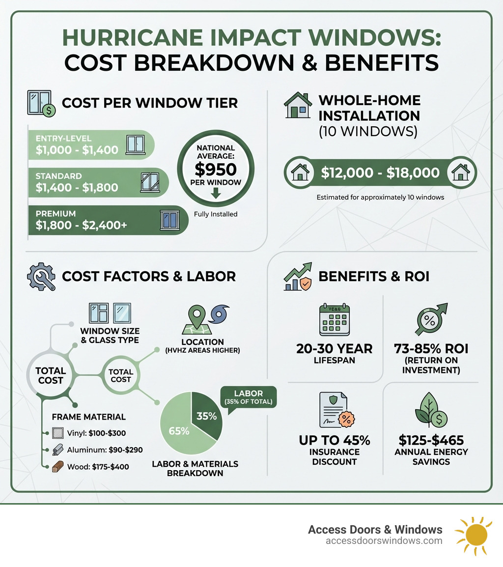 Infographic showing hurricane impact window cost breakdown: Average cost per window $950, Entry-level $1,000-$1,400, Standard $1,400-$1,800, Premium $1,800-$2,400+, Whole-home installation $12,000-$18,000 for 10 windows, Cost factors include window size, frame material (vinyl $100-$300, aluminum $90-$290, wood $175-$400), glass type, labor (35% of total), and location (HVHZ areas cost more), Plus benefits: 20-30 year lifespan, 73-85% ROI,, $125-$465 annual energy savings - how much does it cost to install hurricane impact windows infographic 