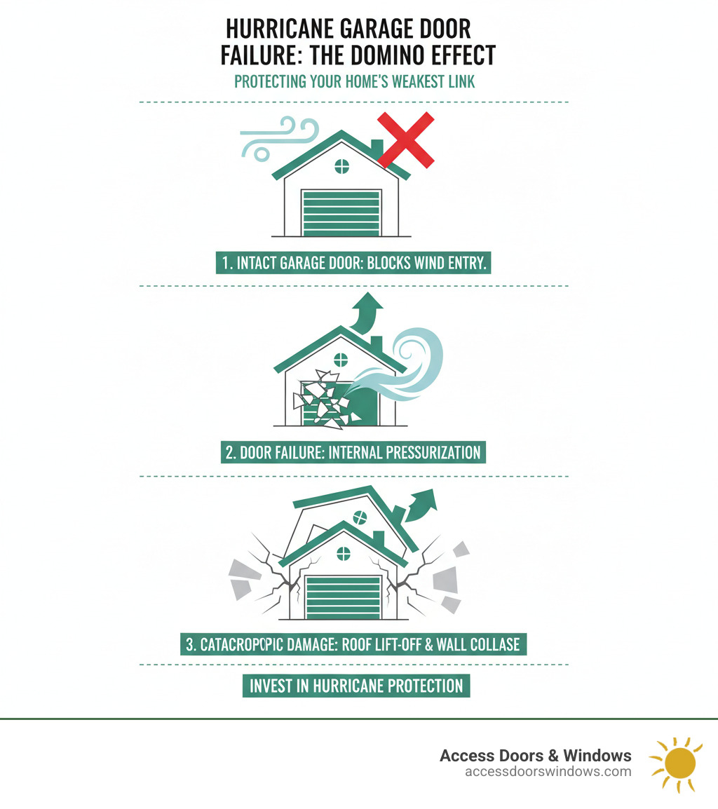 infographic explaining how garage door failure leads to roof lift-off and catastrophic structural damage - hurricane impact garage doors infographic 