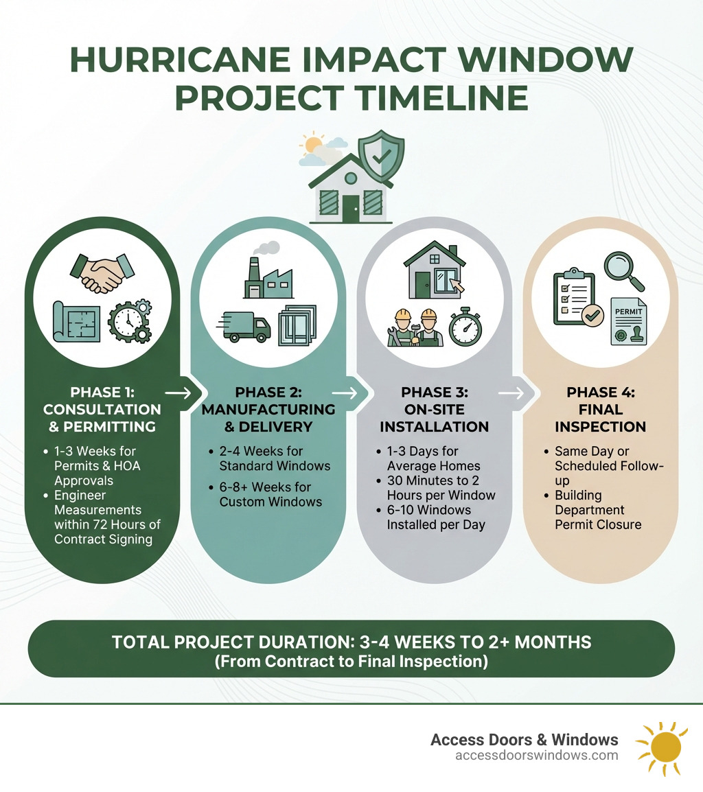 Infographic showing the four main phases of hurricane impact window projects: Phase 1 - Consultation & Permitting (1-3 weeks for permits and HOA approvals, engineer measurements within 72 hours of contract signing), Phase 2 - Manufacturing & Delivery (2-4 weeks for standard windows, 6-8+ weeks for made-to-order windows), Phase 3 - On-Site Installation (1-3 days for average homes, 30 minutes to 2 hours per window, 6-10 windows installed per day), Phase 4 - Final Inspection (same day or scheduled follow-up, building department permit closure) - how long does it take to install hurricane impact windows infographic 