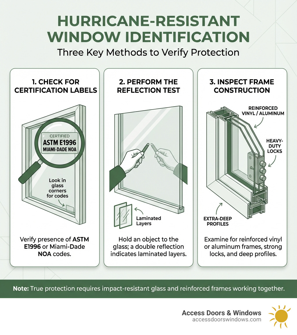 infographic showing three methods to identify hurricane windows: 1) Look for certification labels in glass corners showing ASTM E1996 or Miami-Dade NOA codes, 2) Check for double reflections by holding an object to the glass indicating laminated layers, 3) Inspect frames for reinforced vinyl or aluminum with heavy-duty locks and deep profiles - how to tell if a window is hurricane-rated infographic 