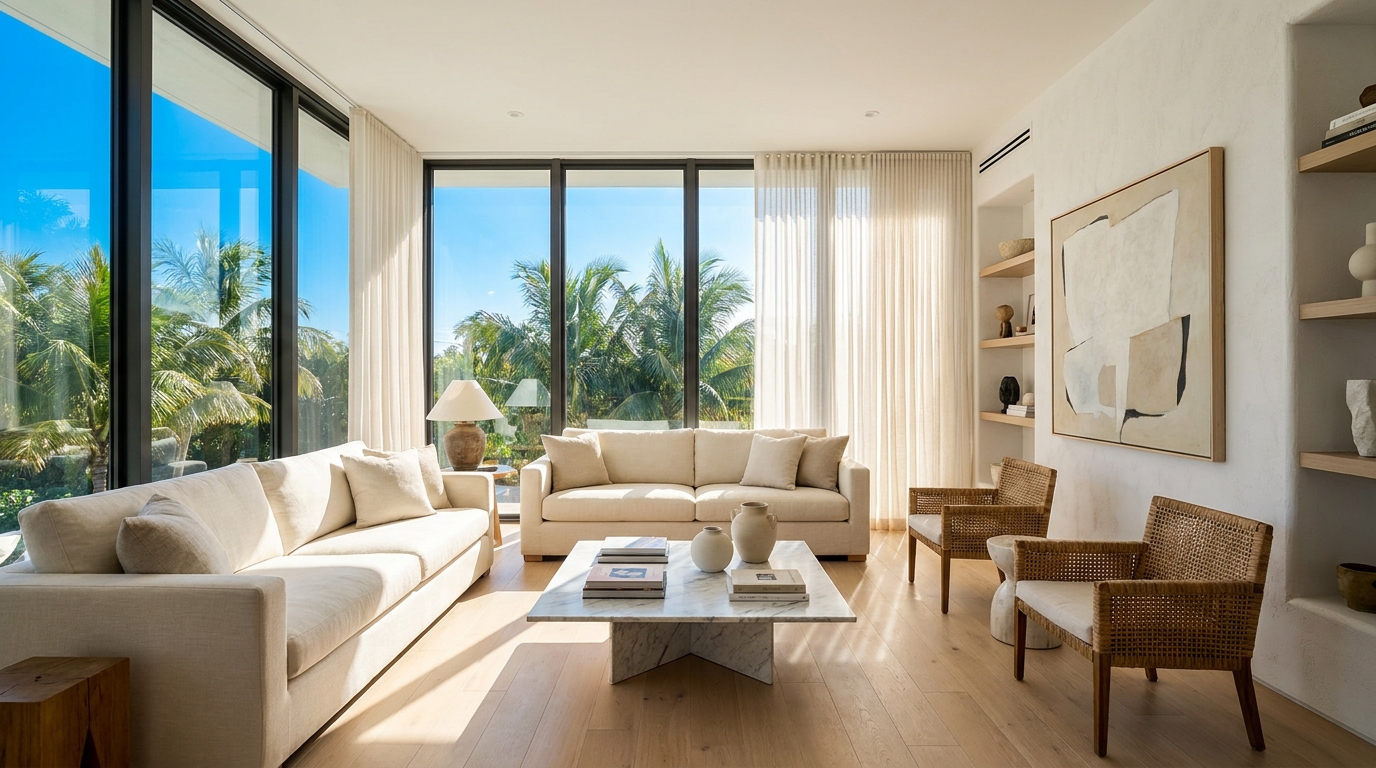 Bright modern living room with floor-to-ceiling impact windows and palm views
