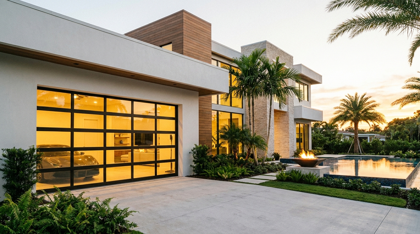 Contemporary Florida home with a glowing full-view glass garage door