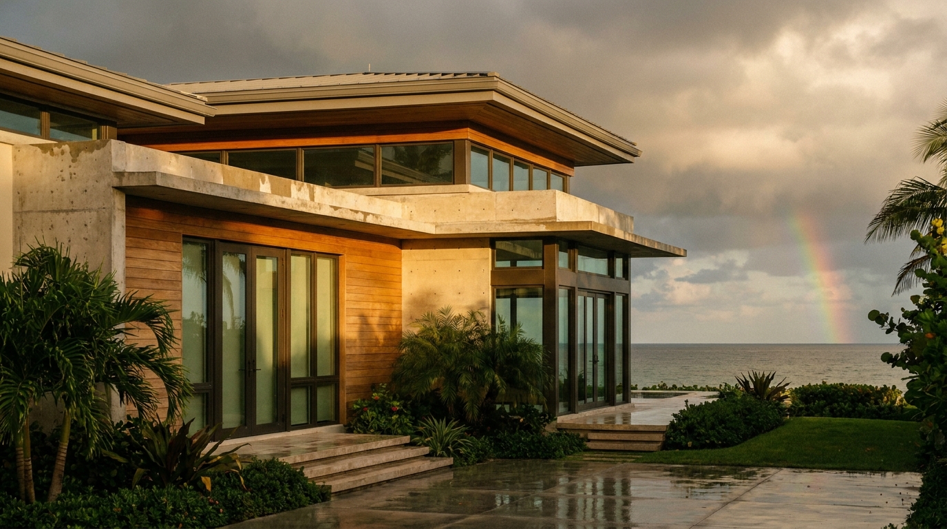 Modern coastal Florida home with impact windows under a clearing sky