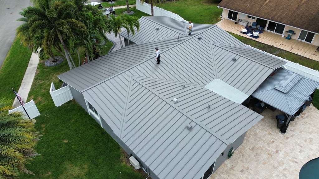 Metal roof replacement, aerial view