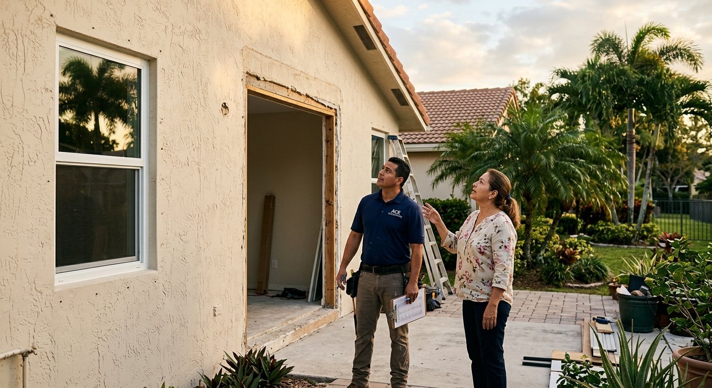 Homeowner and contractor standing outside a South Florida home, gesturing toward an unprotected sliding glass door next to an