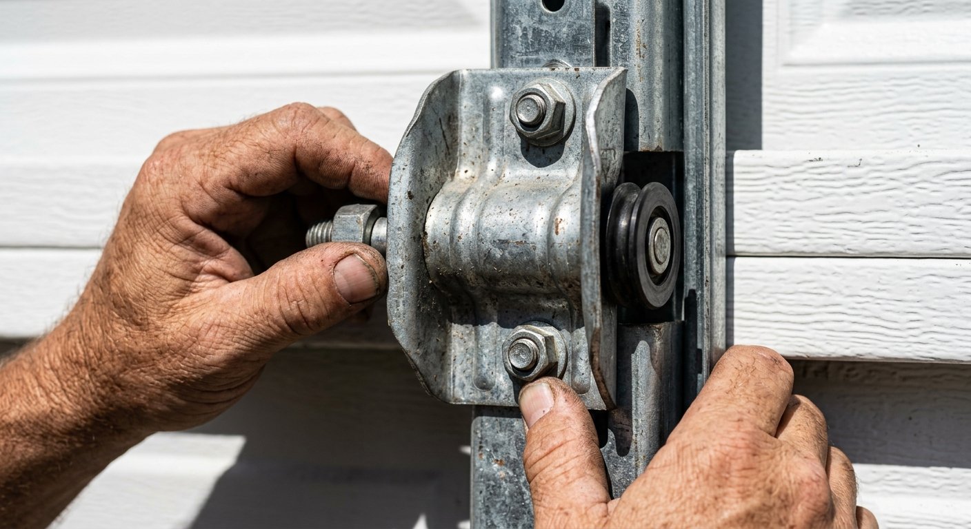Weathered hands gripping a heavy steel impact-rated garage door bracket and roller hardware in bright sunlight