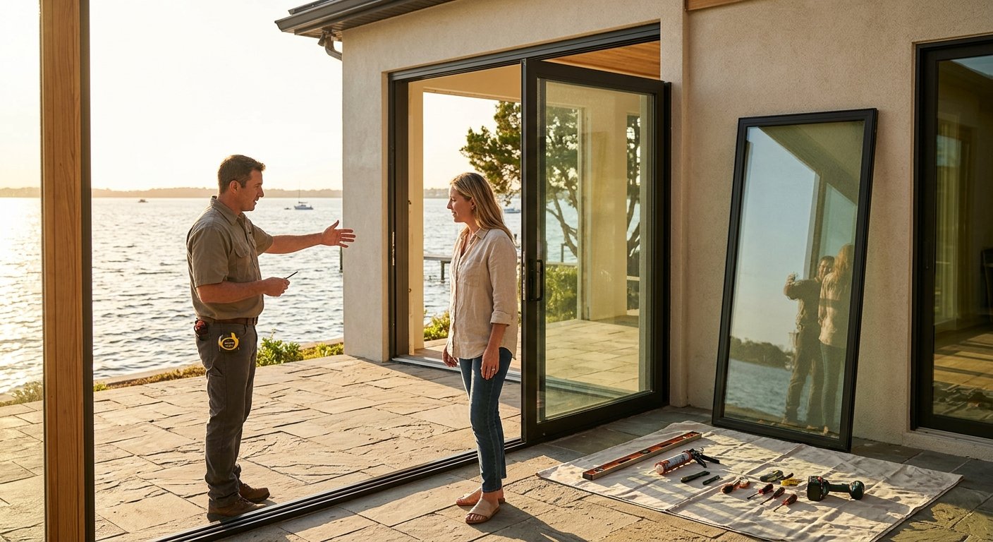 Contractor and homeowner discuss a large sliding glass door installation on a waterfront home's sunny patio in South Florida