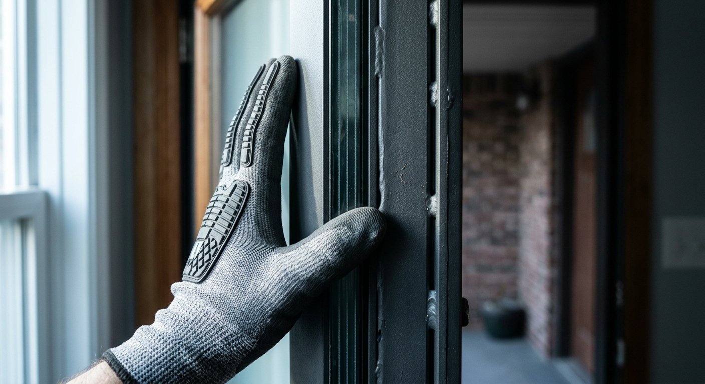 Gloved hand pressing against the layered laminated glass and steel edge of a thick impact-rated entry door panel