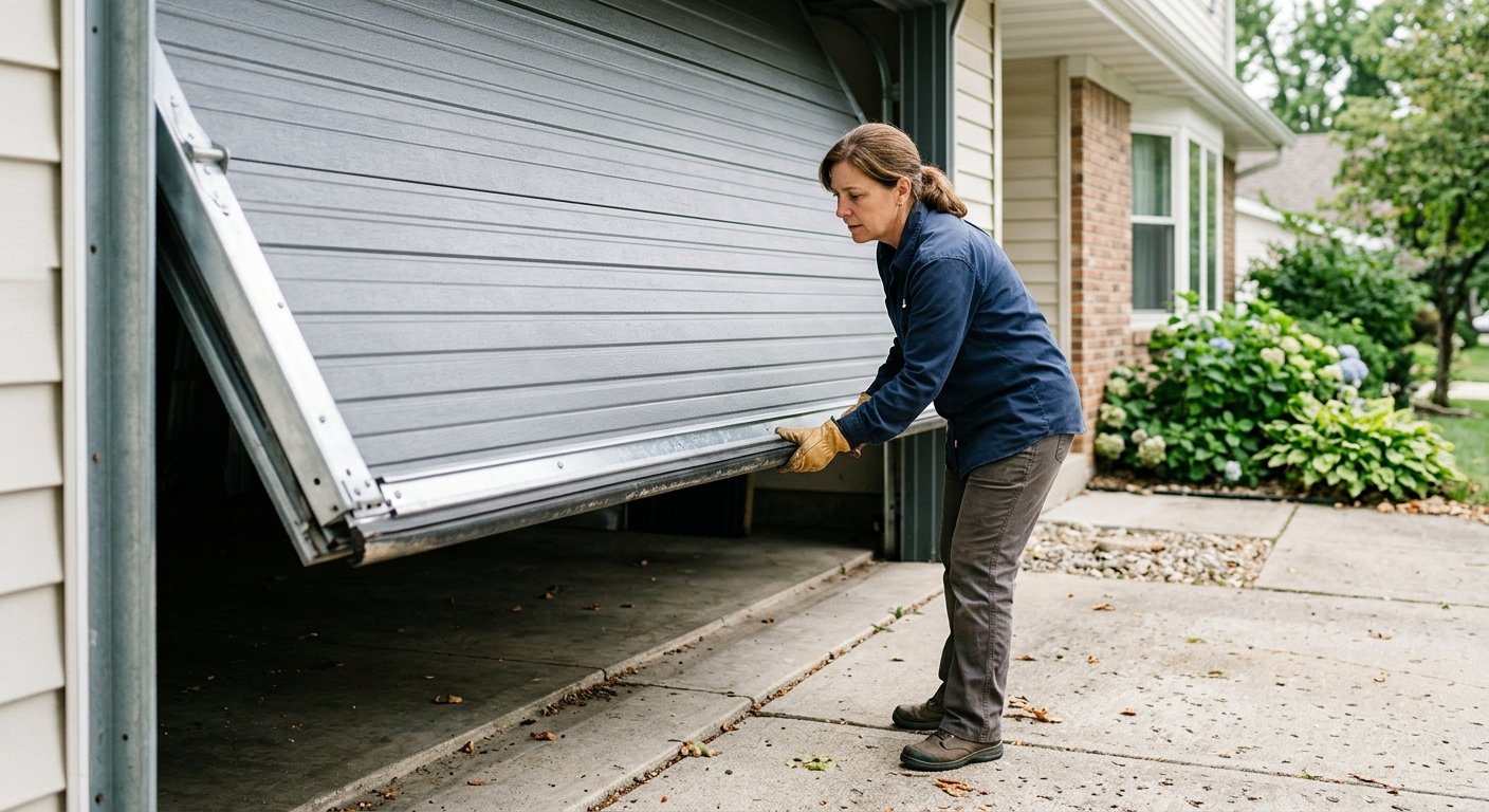 Woman lifting the bottom edge of a wide impact-rated steel garage door on a residential driveway, examining its reinforced co