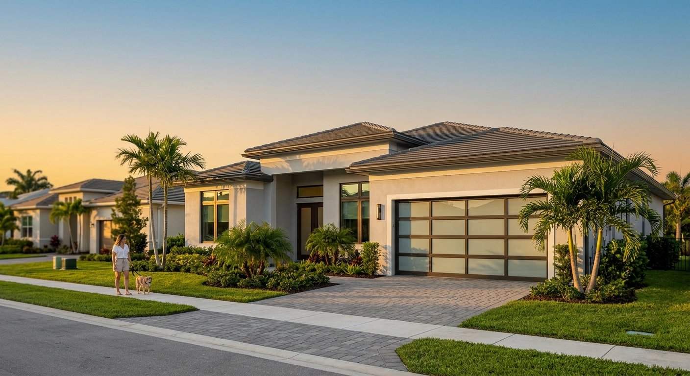 Couple standing near a full-view glass garage door on a modern Florida home at golden hour, palm trees lining the driveway