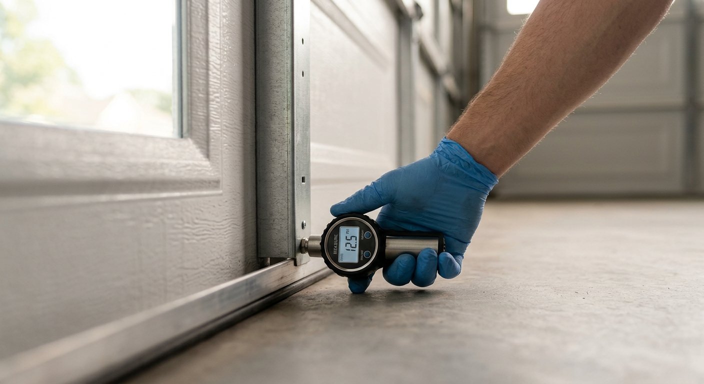 Gloved hand holding a pressure gauge against a white steel garage door panel and mounting rail during a wind-load inspection