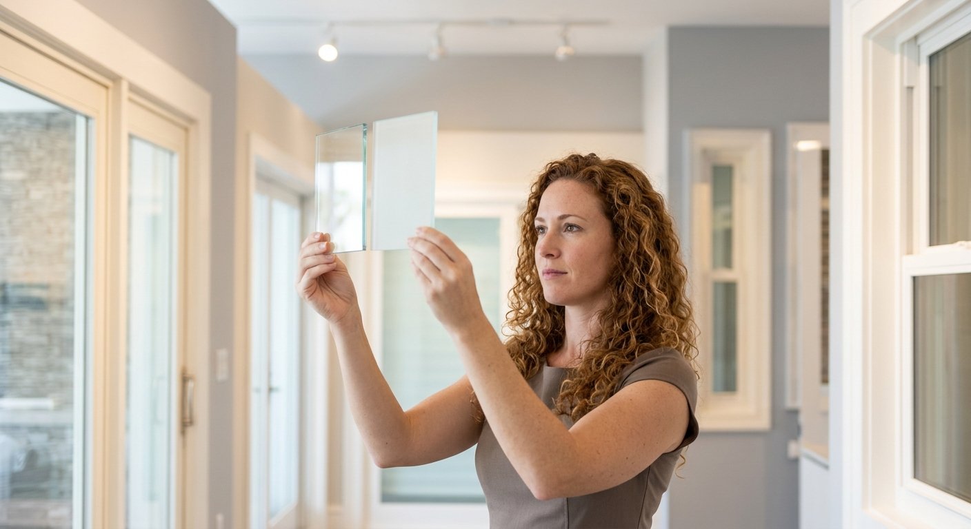Woman comparing clear and frosted glass door panels in a bright showroom, light visibly diffusing through the frosted sample