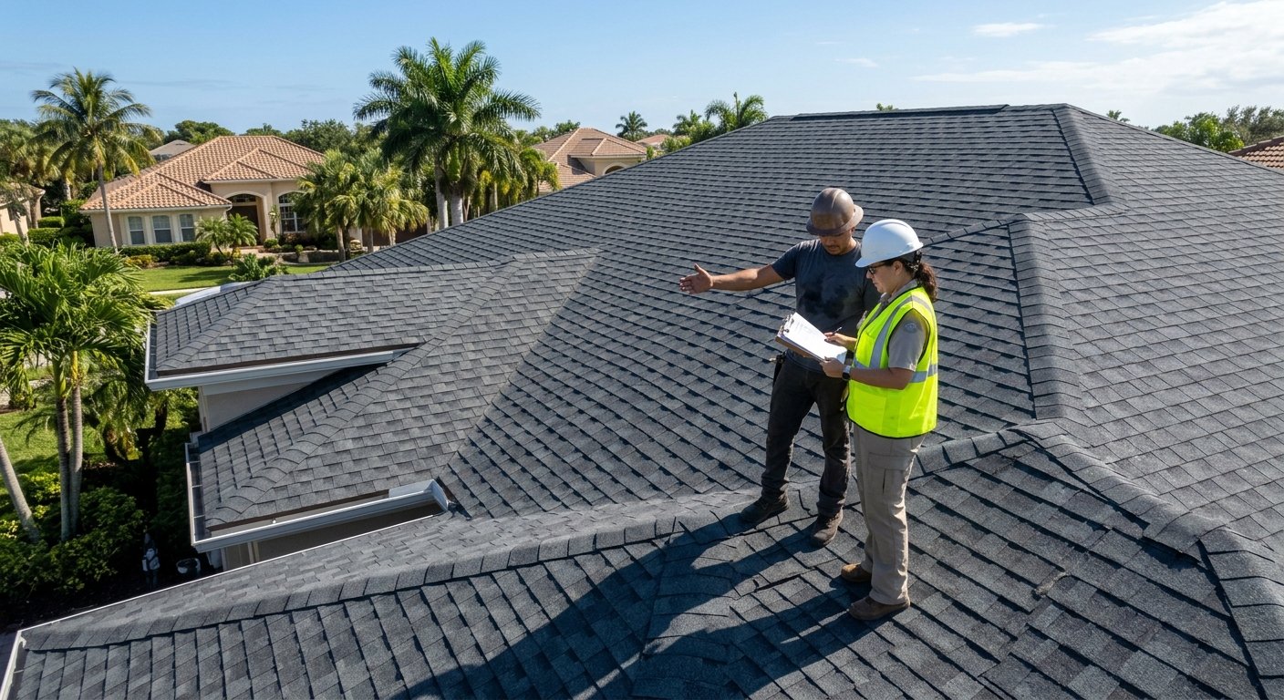 Female building inspector and male roofer review permit paperwork together on a newly shingled suburban Florida rooftop on a 