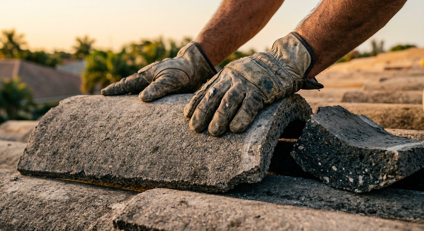 Gloved hands pressing on a thick concrete roof tile, with a broken tile cross-section beside it showing dense gray interior